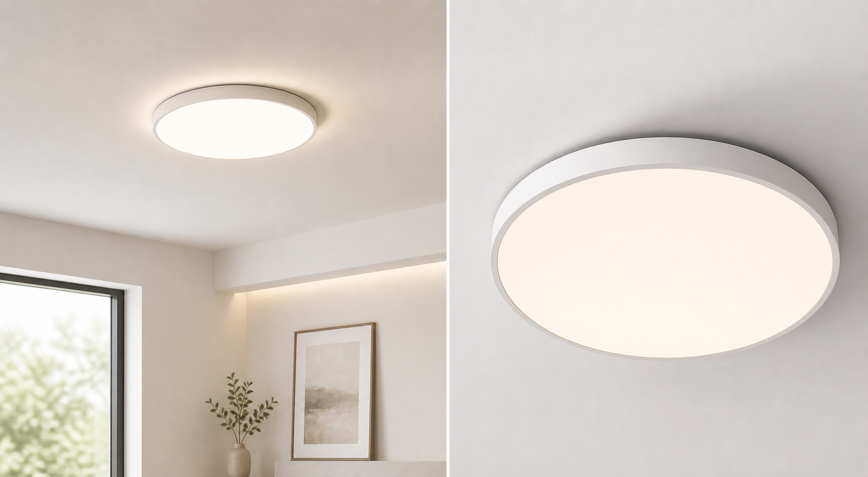 Round flush mount LED ceiling light installed on a modern ceiling